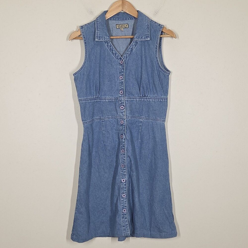 Vtg 90s Y2K Denim Button Up Mini Dress Sleeveless M Preppy Grunge Boho Festival